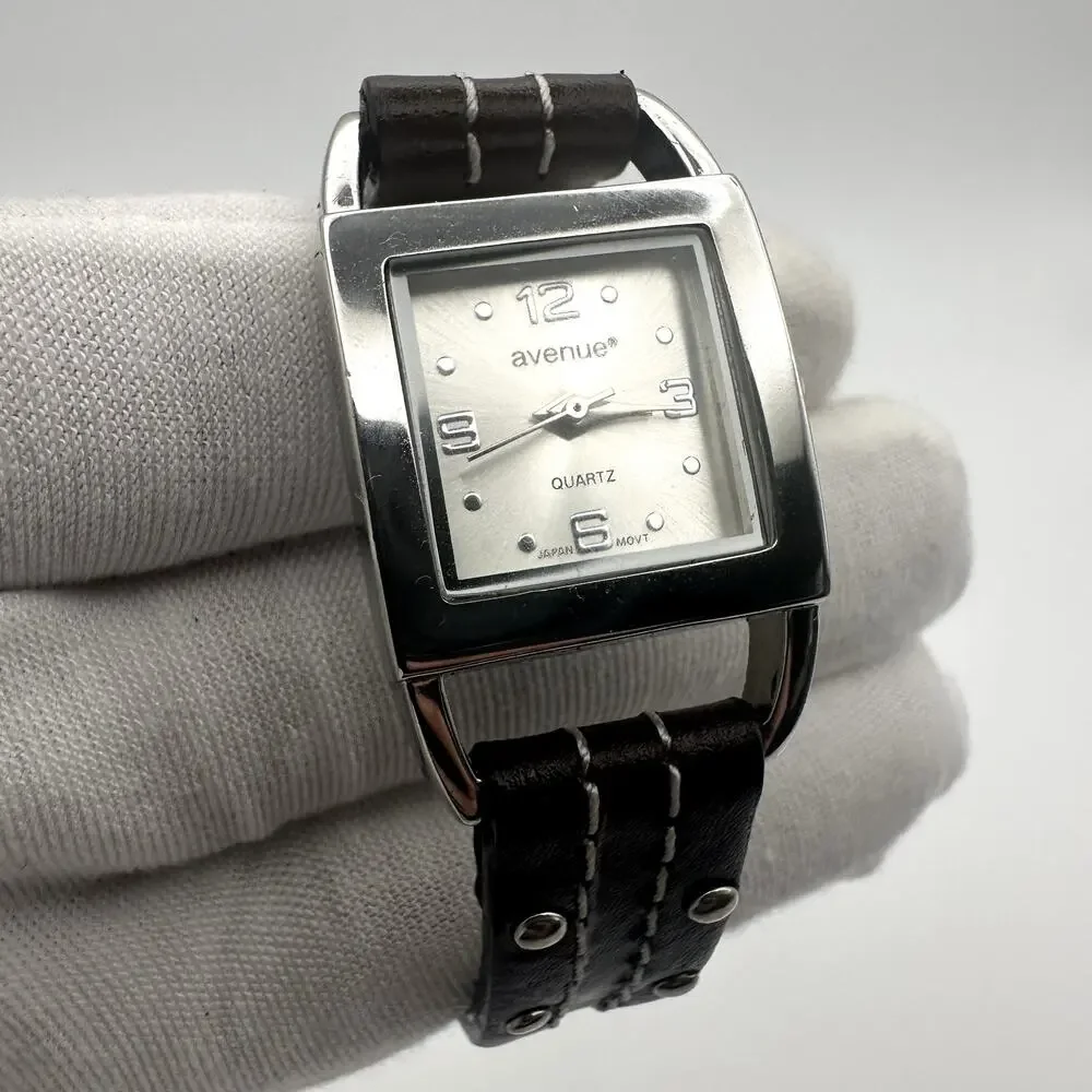 Avenue 9 Quartz Tank Watch Silver Dial Square Case Studded Brown Leather Strap
